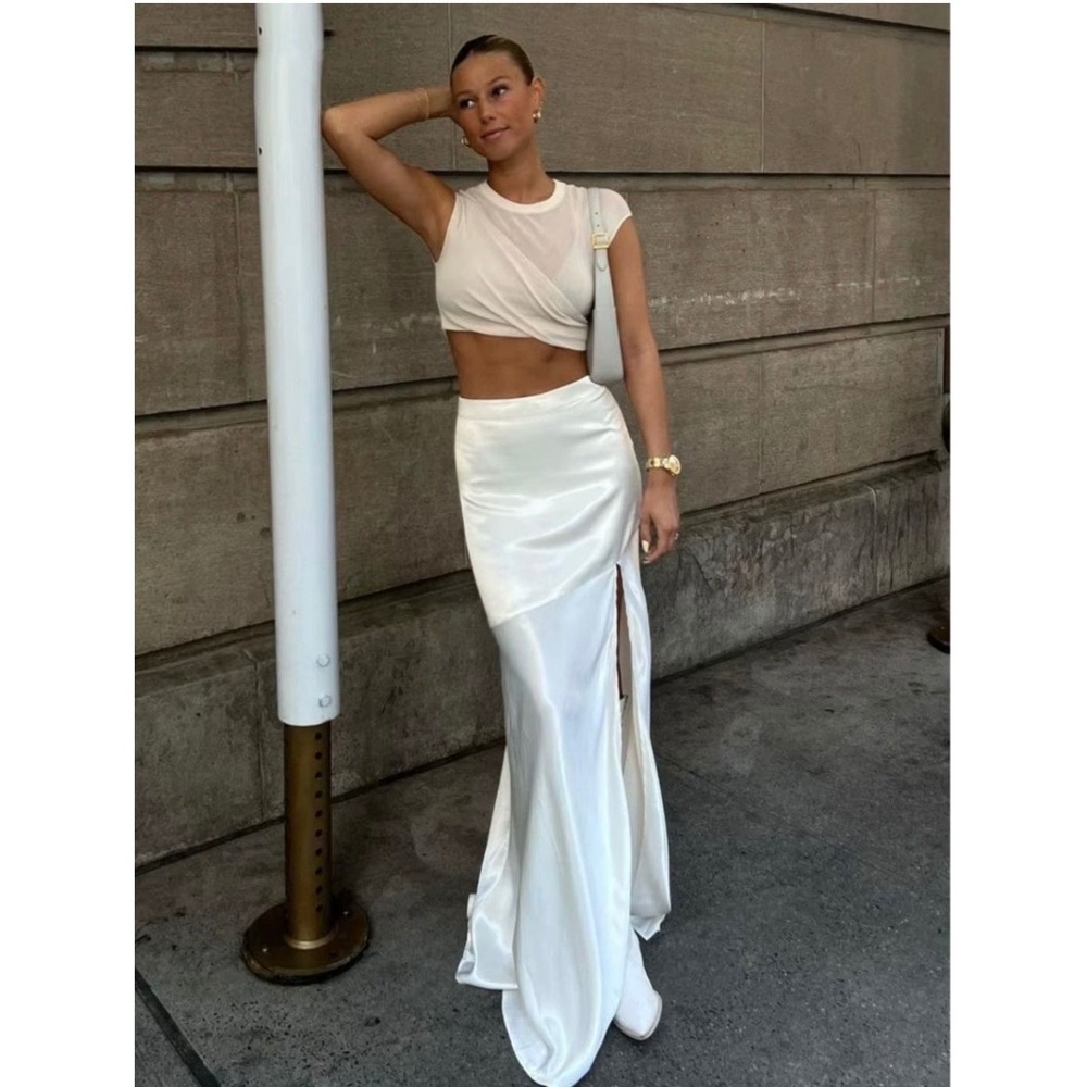Commense Chic white  Satin Patchwork Split Maxi Skirt size XS NWT